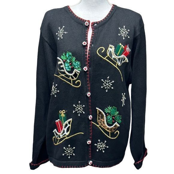 B.P. Designs Christmas Holiday Sweater Sleigh Sequins Snow Buttons Beads Size XL - Picture 8 of 15